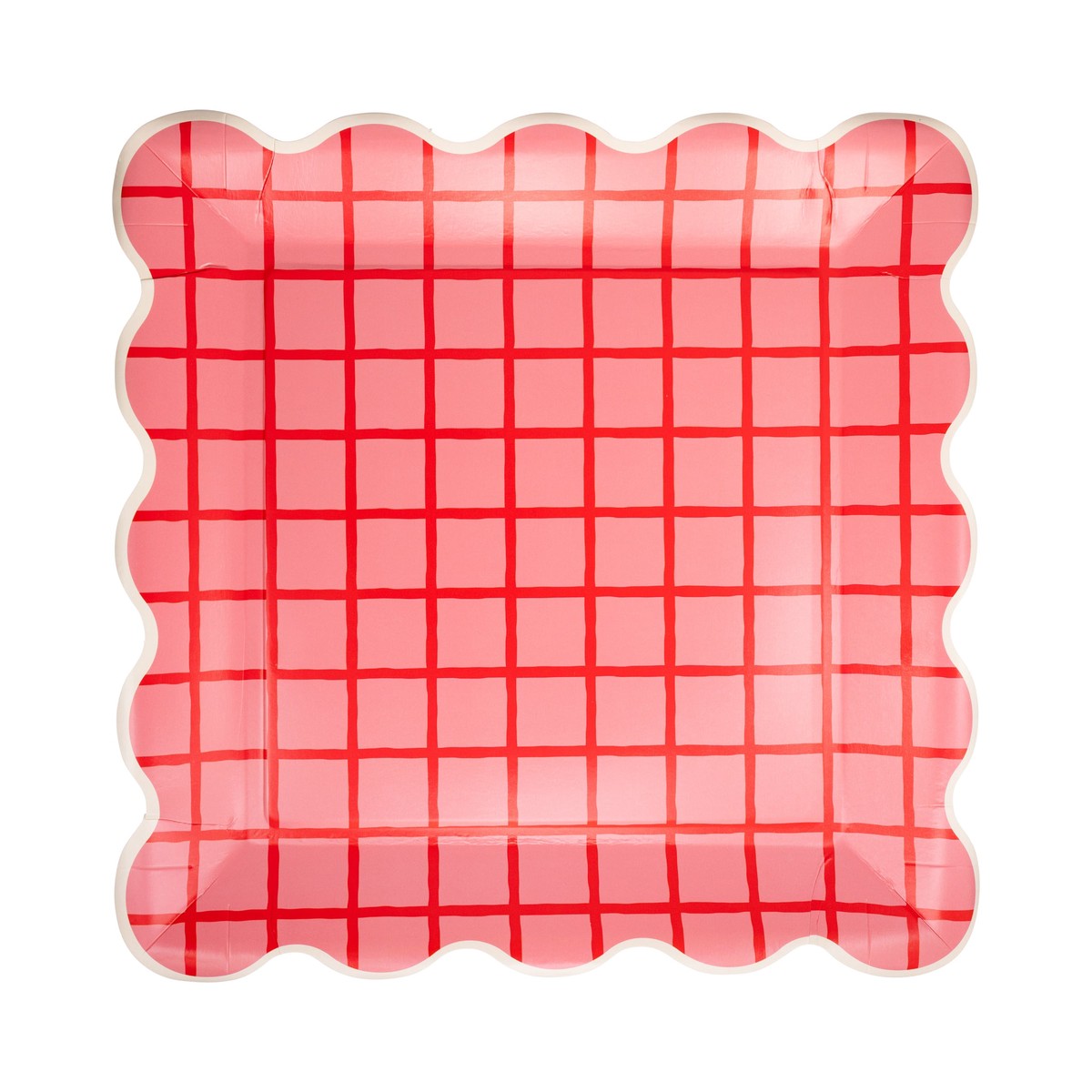 Red and Pink Grid Scallop Square Plate