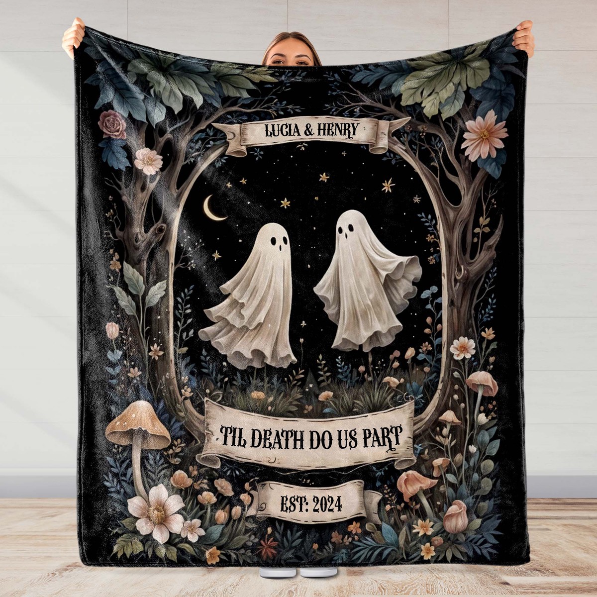 'Til Death Do Us Part Ghosts and Flowers Design - Personalized Custom Blanket - CPL243_BLK