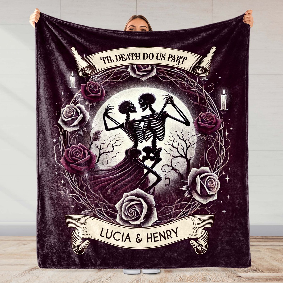 'Til Death Do Us Part' Skeletons And Roses Blanket - Personalized Custom Blanket - CPL244_BLK