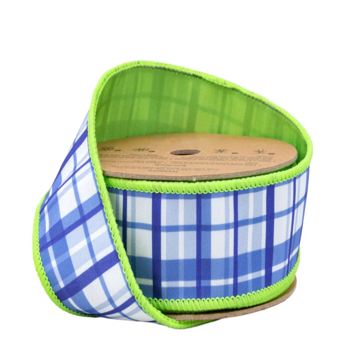 1 1/2" Wired Blue and White Plaid w/ Lime Green Backing Dupioni Ribbon