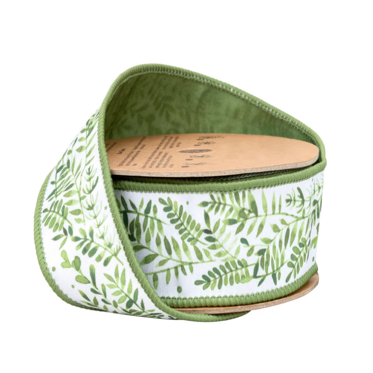 1 1/2" Wired Ferns on White w/ Green Backing Dupioni Ribbon