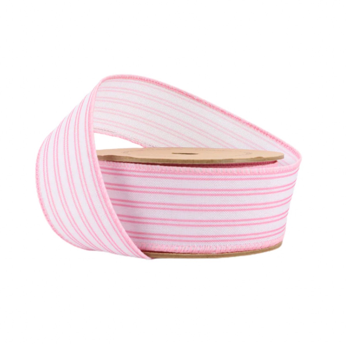1.5" Wired Ribbon | White w/ Pink Ticking Stripes | 10 Yard Roll