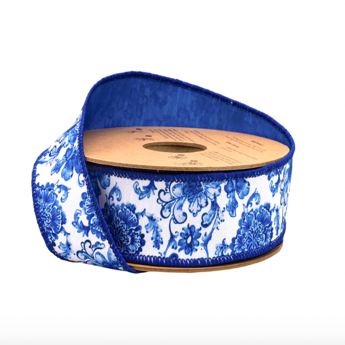 1 1/2" Wired Dupioni Ribbon | Blue and White Floral w/ Blue Backing | 10 Yard Roll