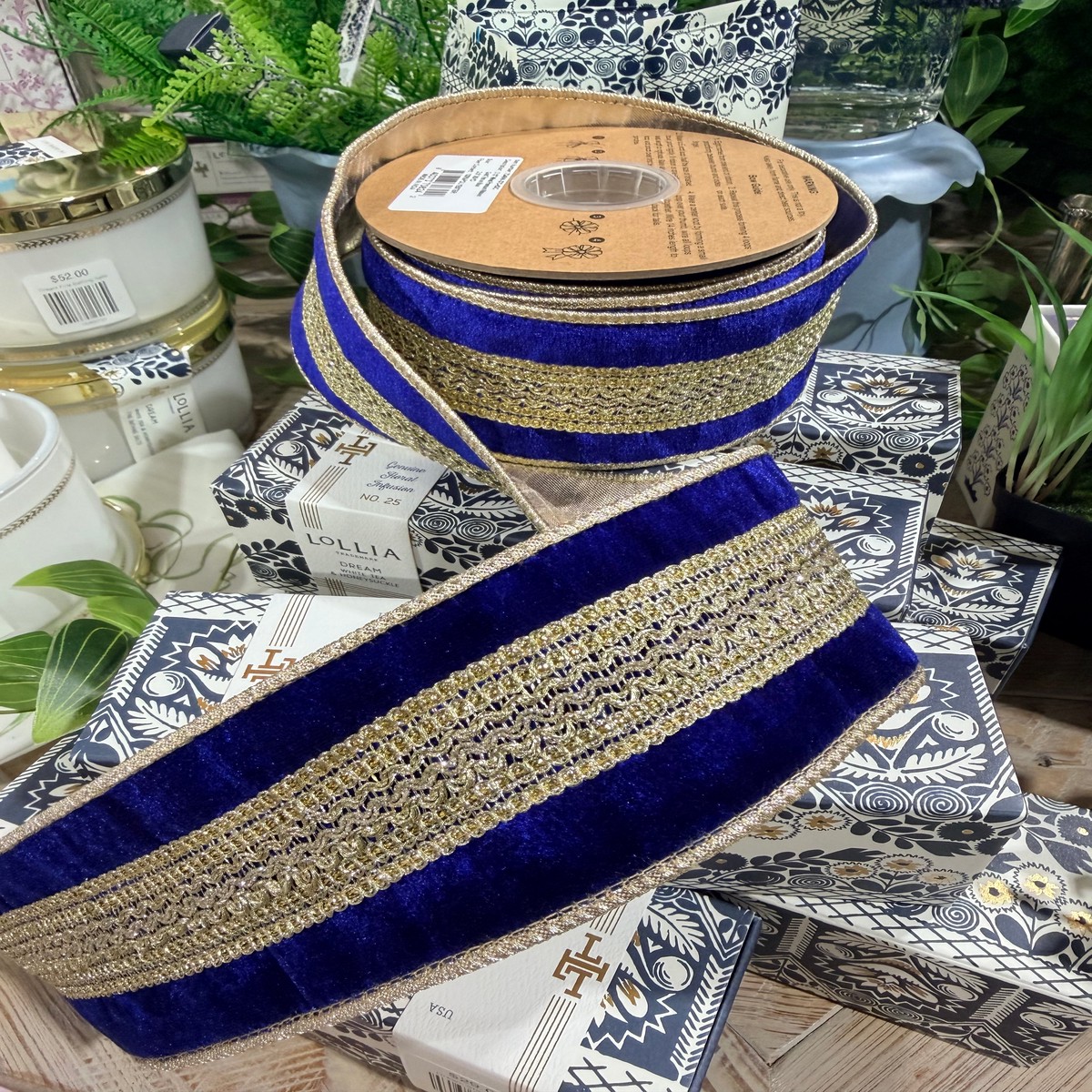 Wired Premium Velvet Ribbon Gold Trim on Blue