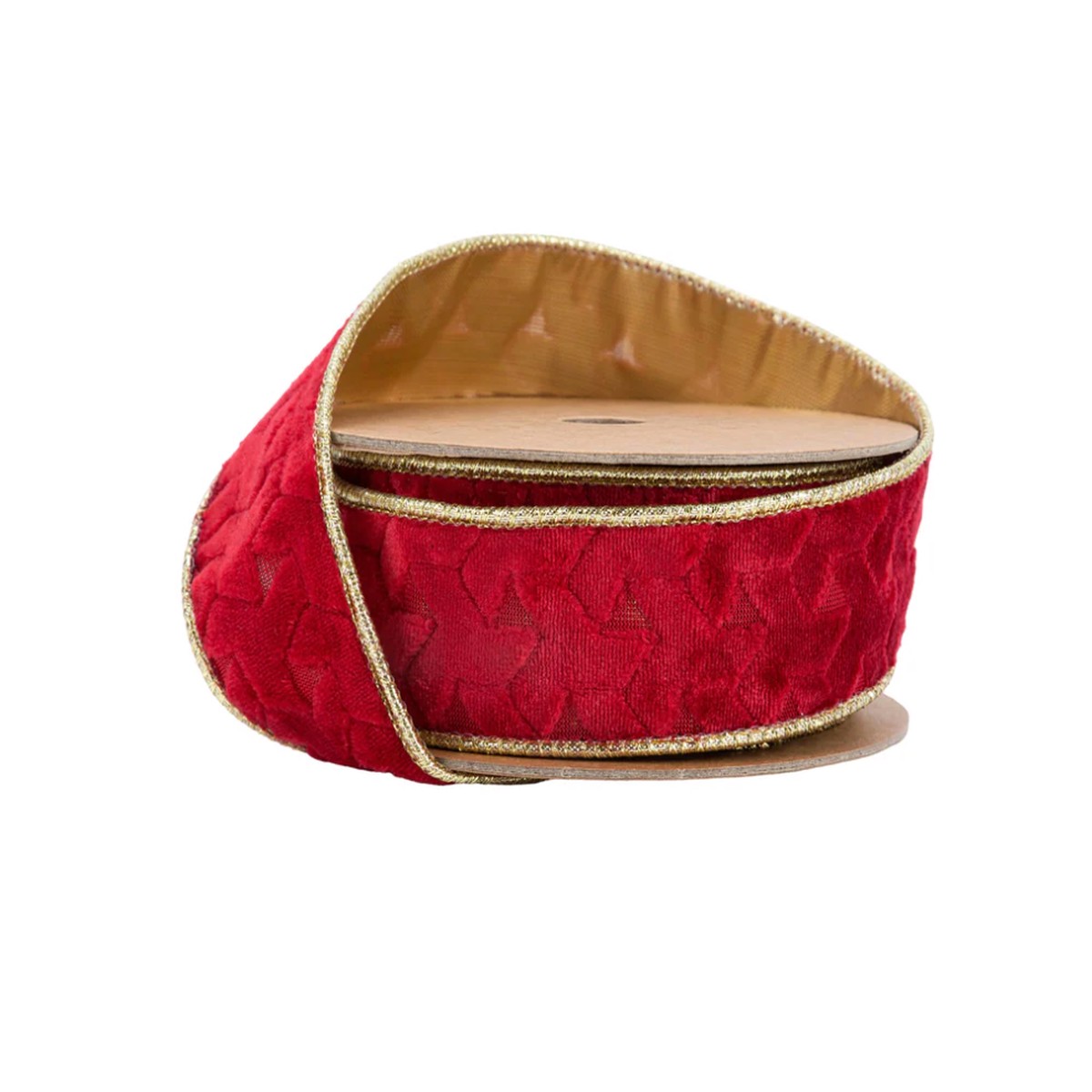 1 1/2" Wired Velvet Ribbon | Red Geometic Embossed with Gold Backing | 10 Yard Roll