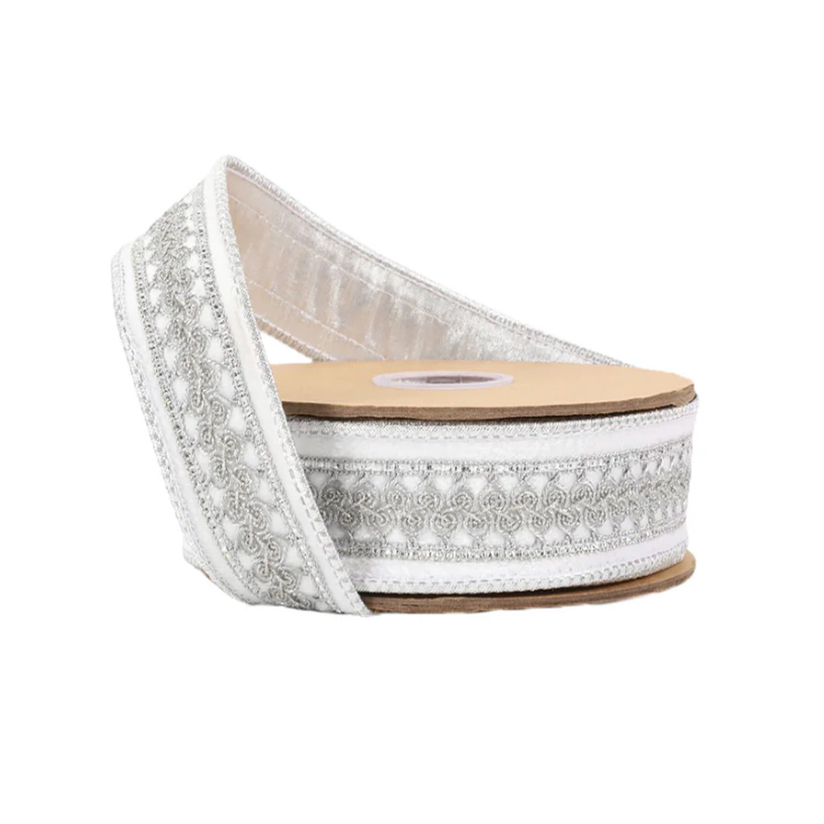1 1/2" Double-Fused Wired Velvet Ribbon w/ Metallic Trim | White/Silver | 10 Yard Roll