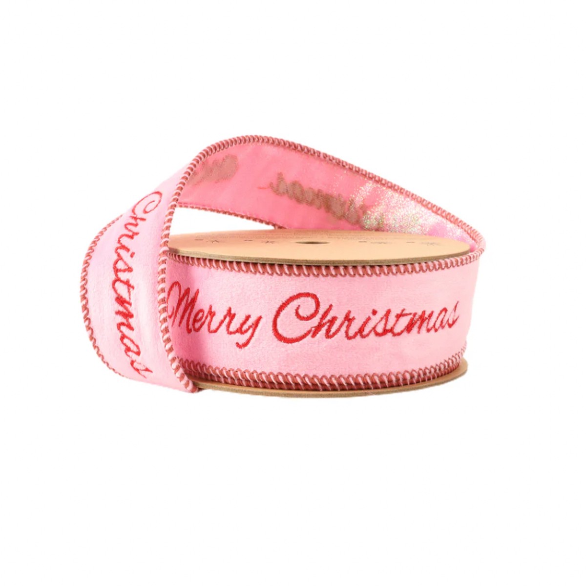 1 1/2" Embroidery Velvet | Merry Christmas w/ Pink Backing | 5 Yard Roll