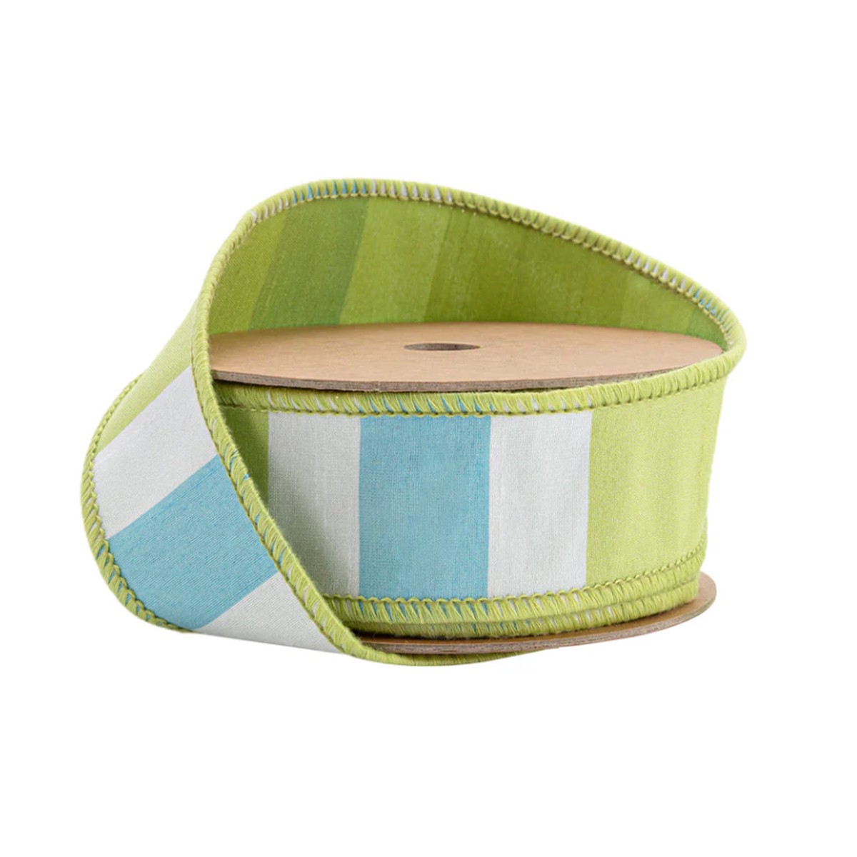 1 1/2" Wired Ribbon | Green/White/Blue Large Horizontal Stripe w/ Green Backing