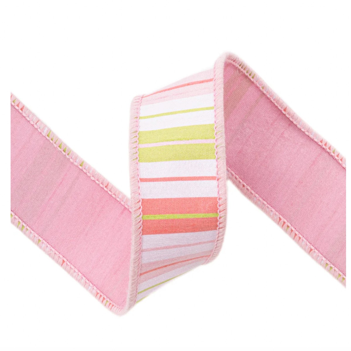 1.5" Wired Ribbon | Pink/Green/White Stripes w/ Pink Backing