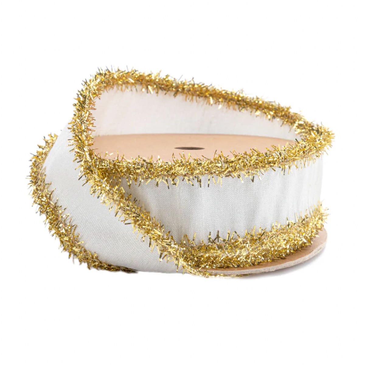 Wired Dupioni Ribbon | Ivory w/ Gold Tinsel Edging - 1"
