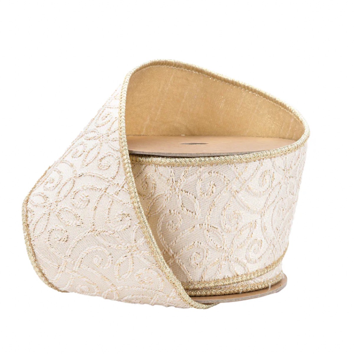 Wired Jacquard Ribbon | Ivory/Gold w/ Gold Dupioni-fused Backing | 10 Yard Roll - 2.5"