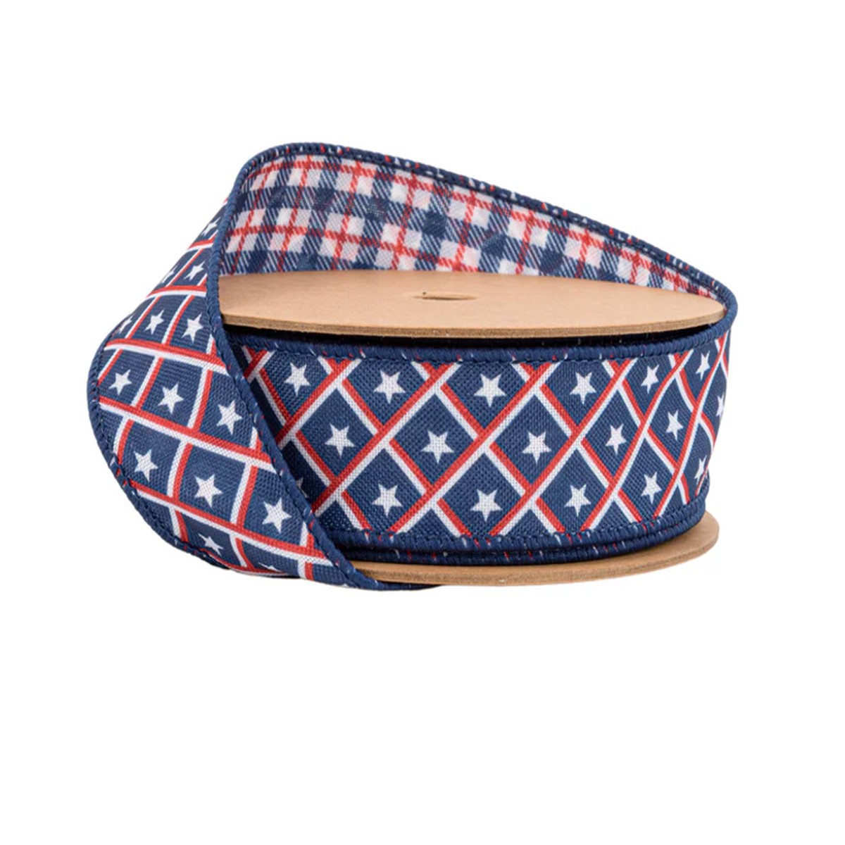 1 1/2" Wired Ribbon | Patriotic Diamond Stars/Plaid | 10 Yard Roll