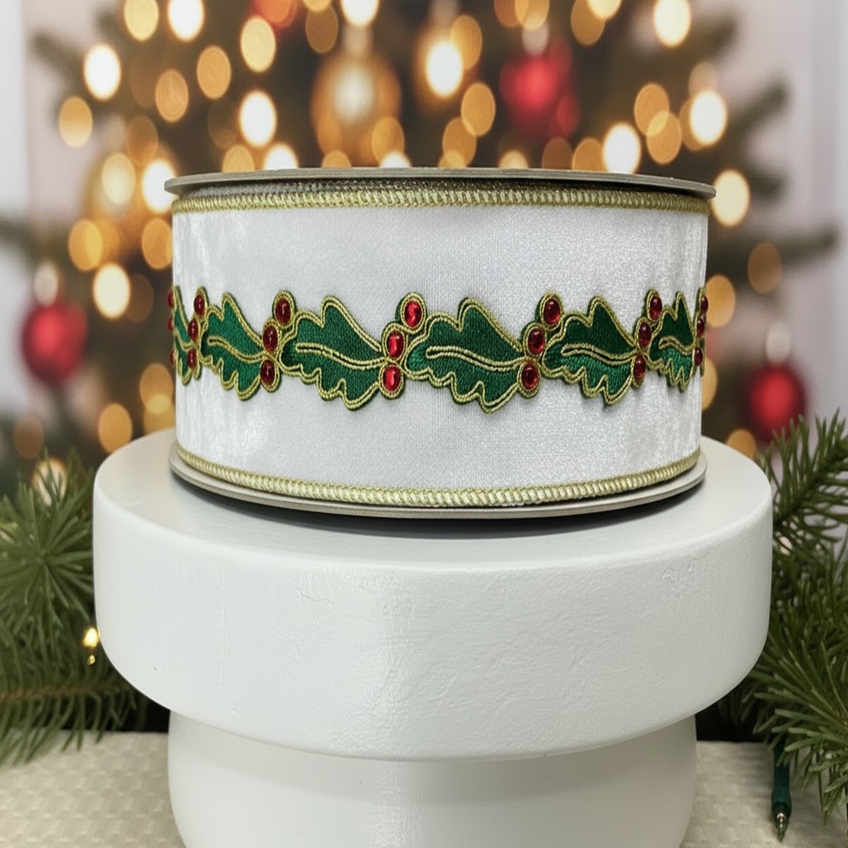 Velvet Ivory Holly Border Ribbon