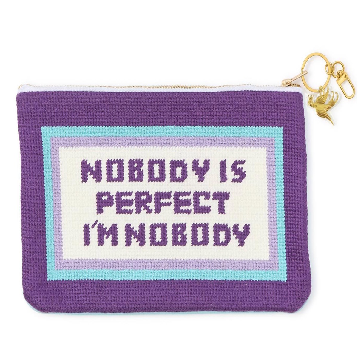 "Nobody Is Perfect" Multipurpose Needlepoint Pouch with Bird Charm Zipper Pull - Polyester/Zinc Alloy