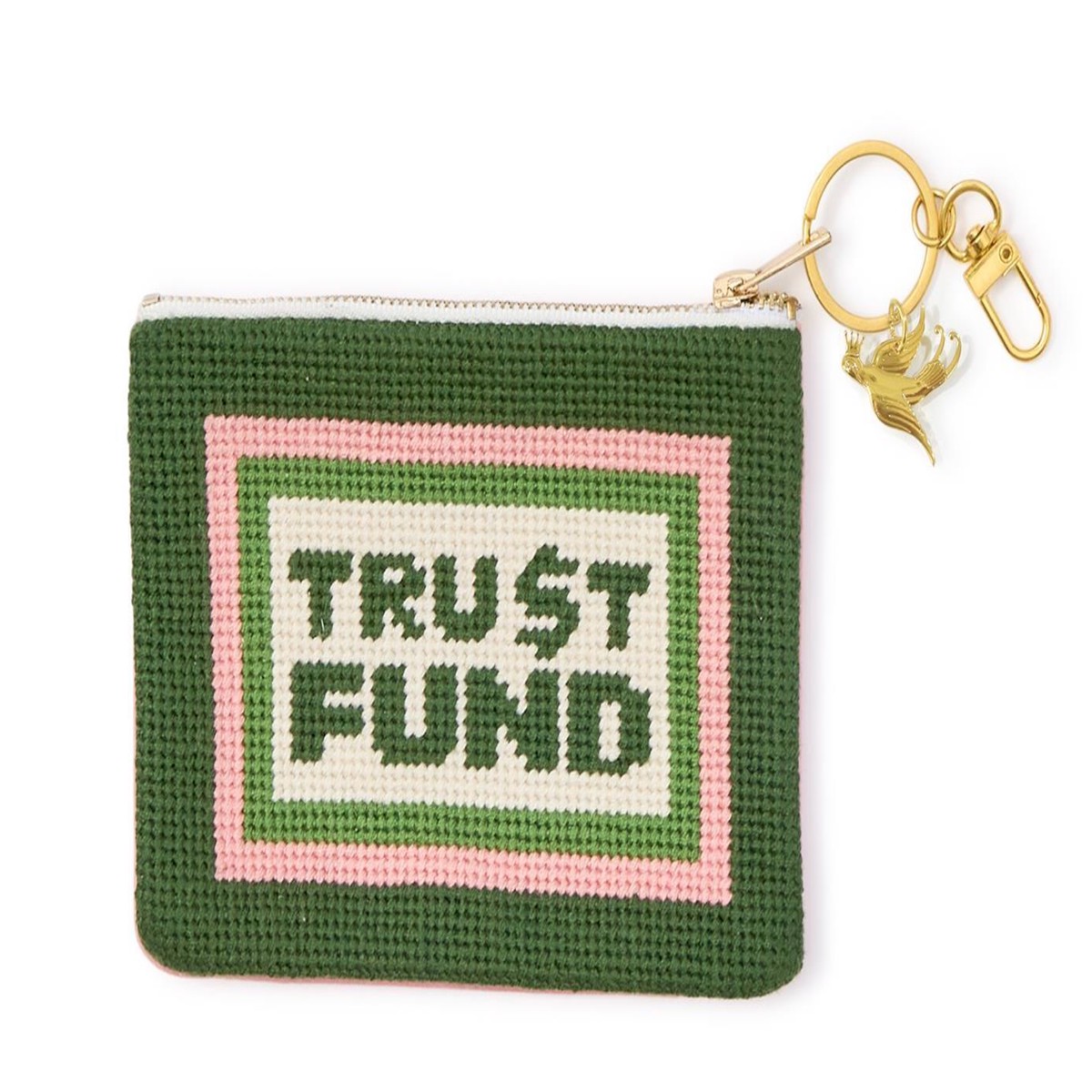 "Trust Fund" Needlepoint Coin / Gift Card Pouch with Bird Charm Zipper Pull Designed by Boyar Gifts NYC - Polyester/Zinc Alloy