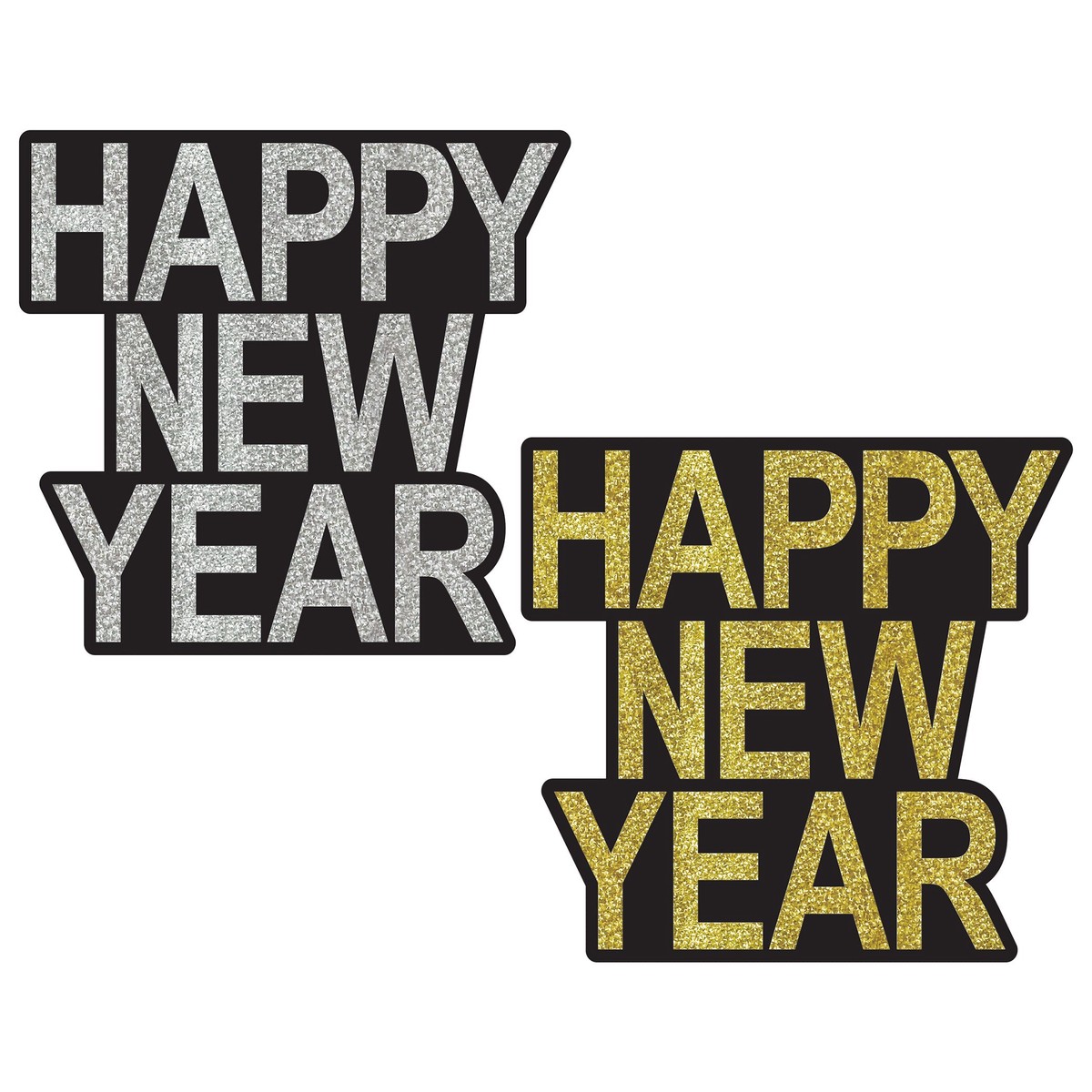 24 Pack Bulk Happy New Year Glitter Cutouts Black & Gold/Silver