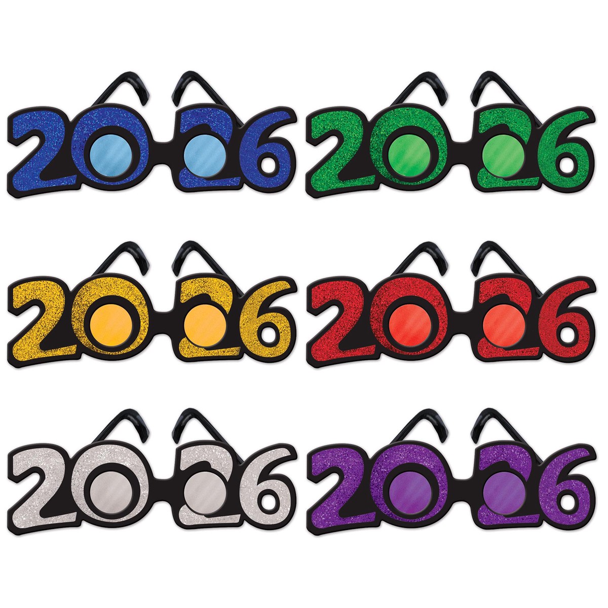 12 Pack Bulk 2026 Glittered Plastic Eyeglasses Asst colors