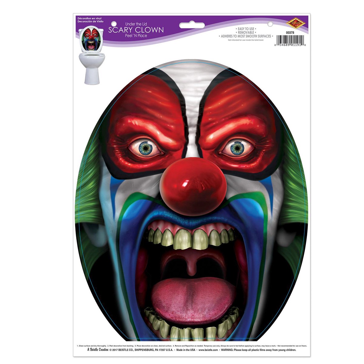 12 Pack Beistle Halloween Under The Lid Scary Clown Peel 'N Place Clings