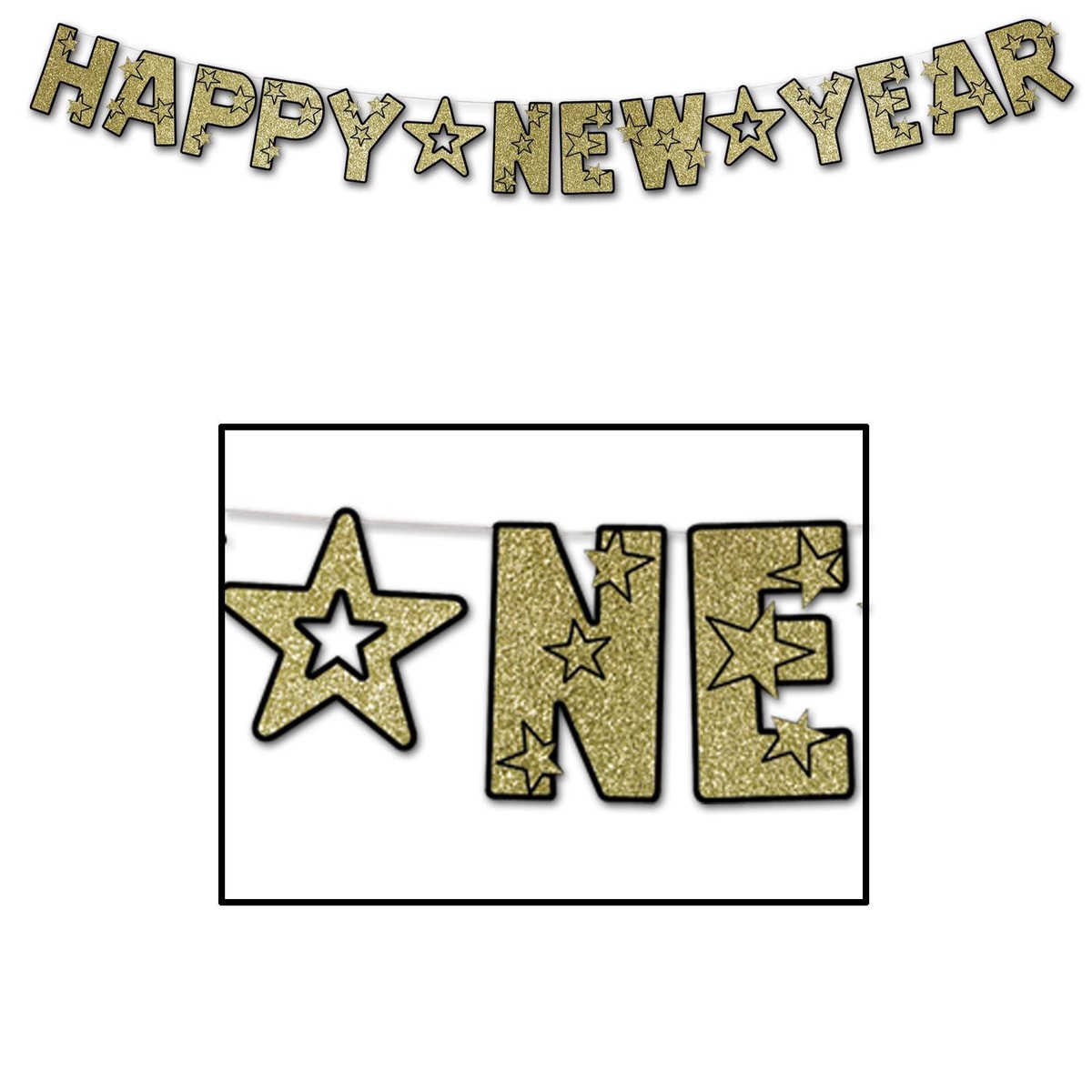 12 Pack Bulk Glittered Happy New Year Streamer - black/gold