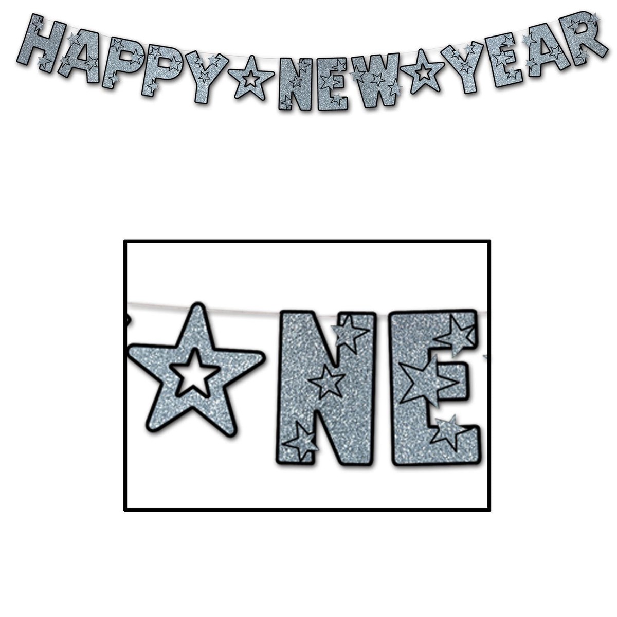 12 Pack Bulk Glittered Happy New Year Streamer - black/silver