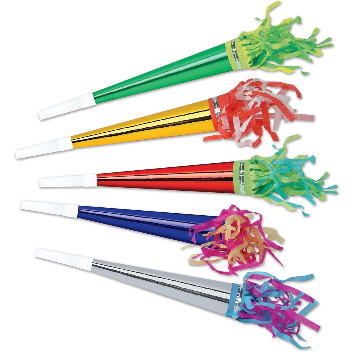 100 Pack Bulk Foil New Years Party Horns with Tassel asst colors