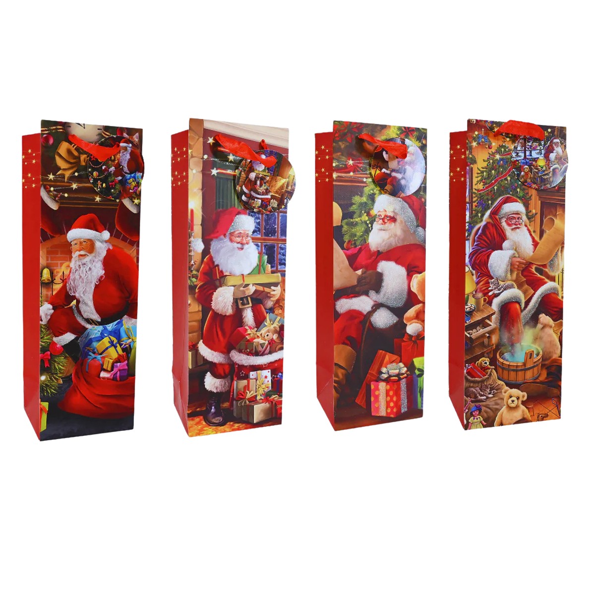 Bottle Bag Trad Santa Scene Glitter Assorted