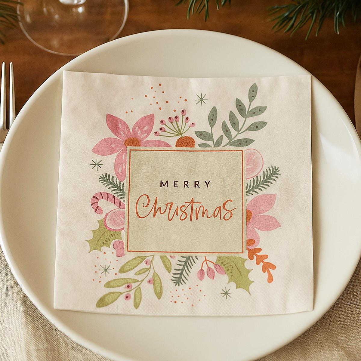 Napkin 2Ply Pink Merry Christmas 33x33cm 20pk