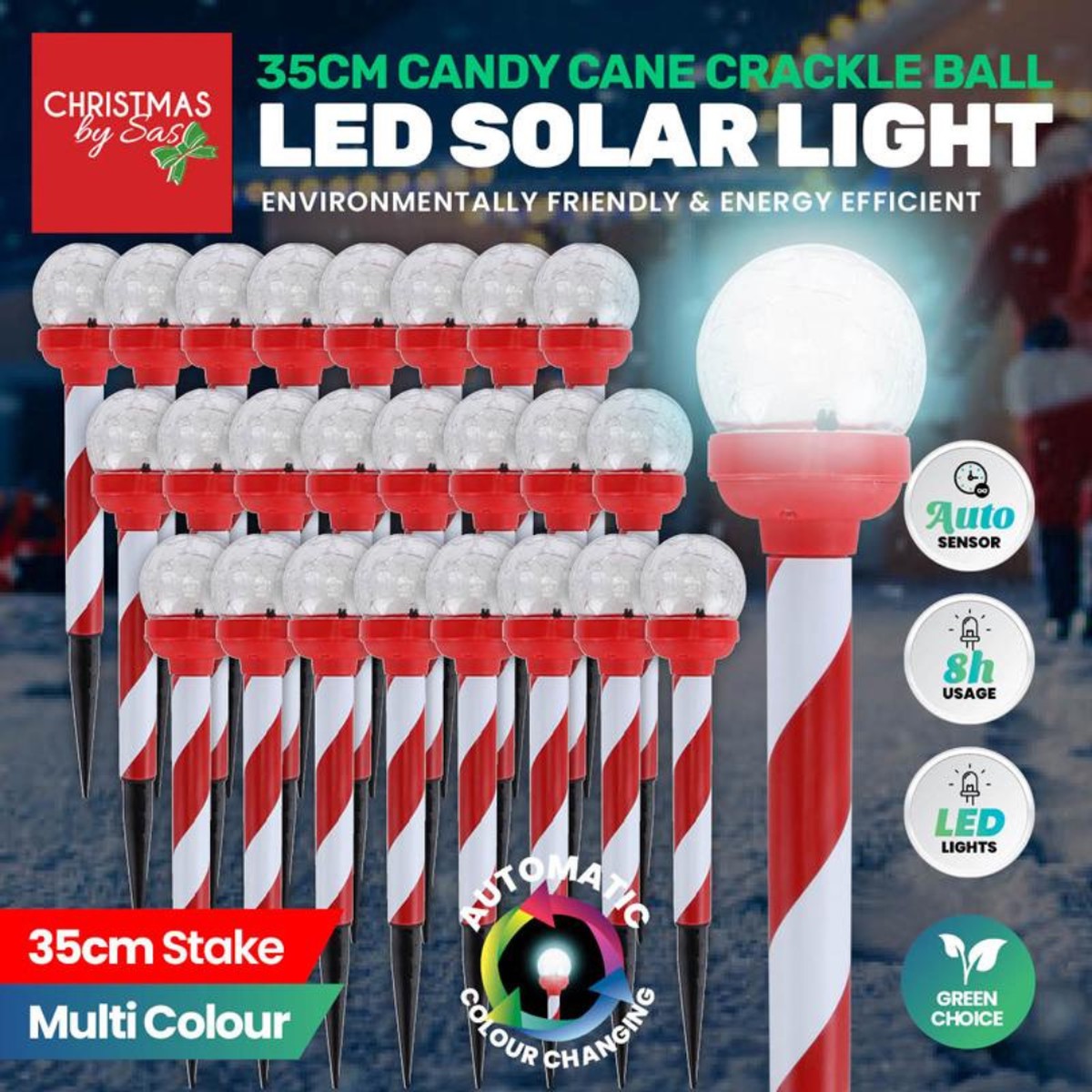 Stake Light Solar Candy Cane Crackle Ball 1 LED 7cm x 5.5cm x 34cm Multi Colour 1 Function Colour Changing