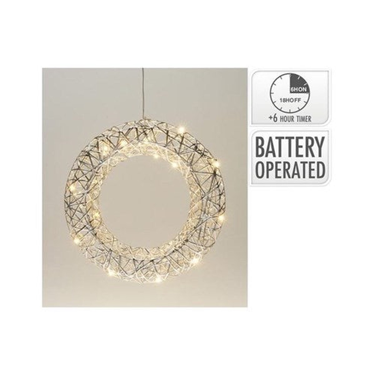 Wreath 30cm With 20 Led Silver Battery Operated