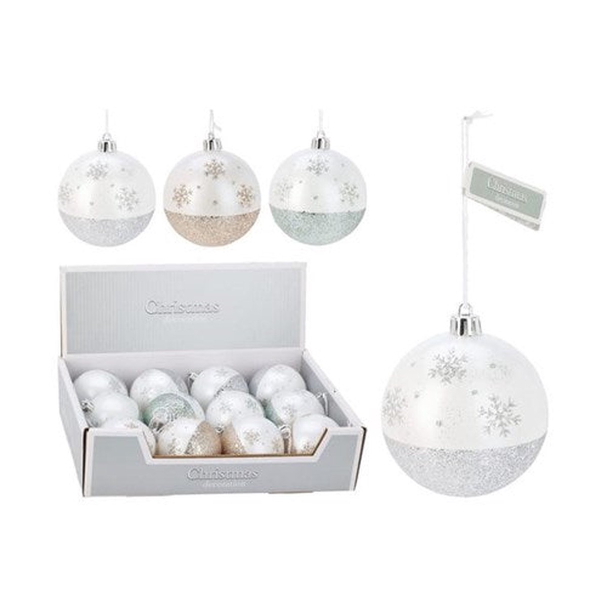 Christmas Bauble 8cm White With Glitter