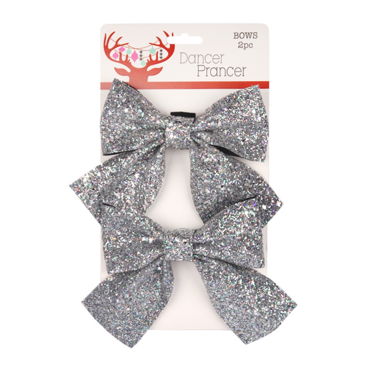 2PC SILVER GLITTER BOWS 14x13CM