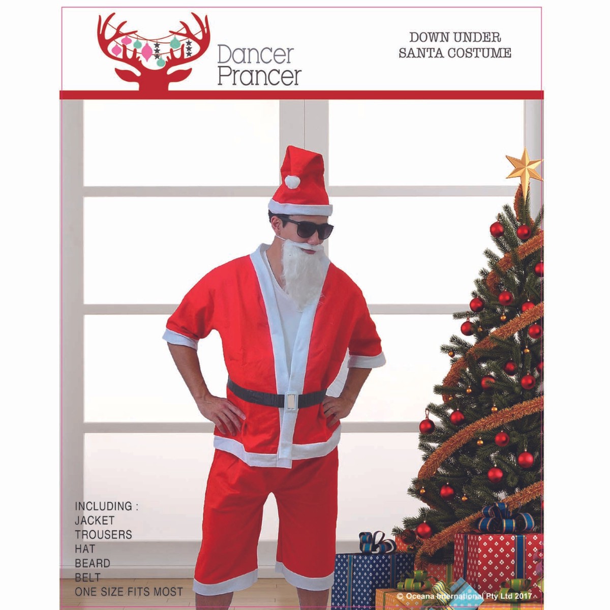 AUSSIE SANTA OUTFIT-INCLUDING TOP, TROUSERS, HAT, BEARD, BELT, SIZE CHEST 115CM, TOP LENGTH 73CM, WAIST 67CM, TROUSERS LENGTH 62CM