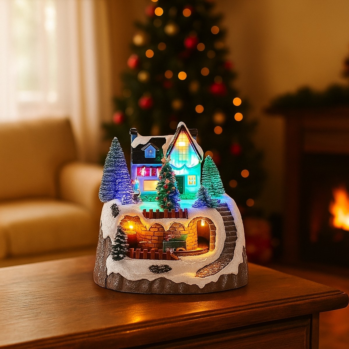 Christmas LED Village With Turning Train and Snowman 17.8x18.3x19.2cm