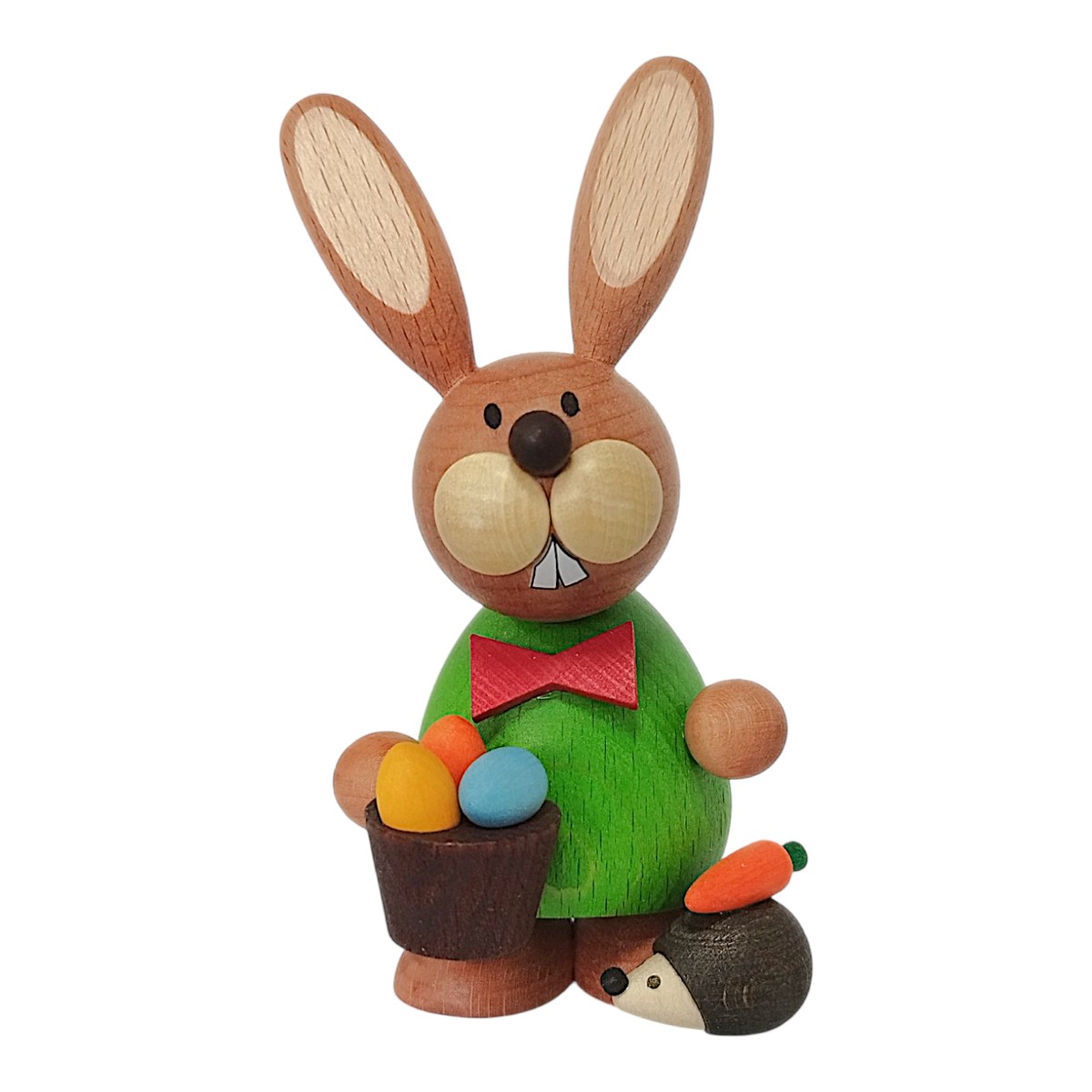 Easter bunny standing with hedgehog and egg basket