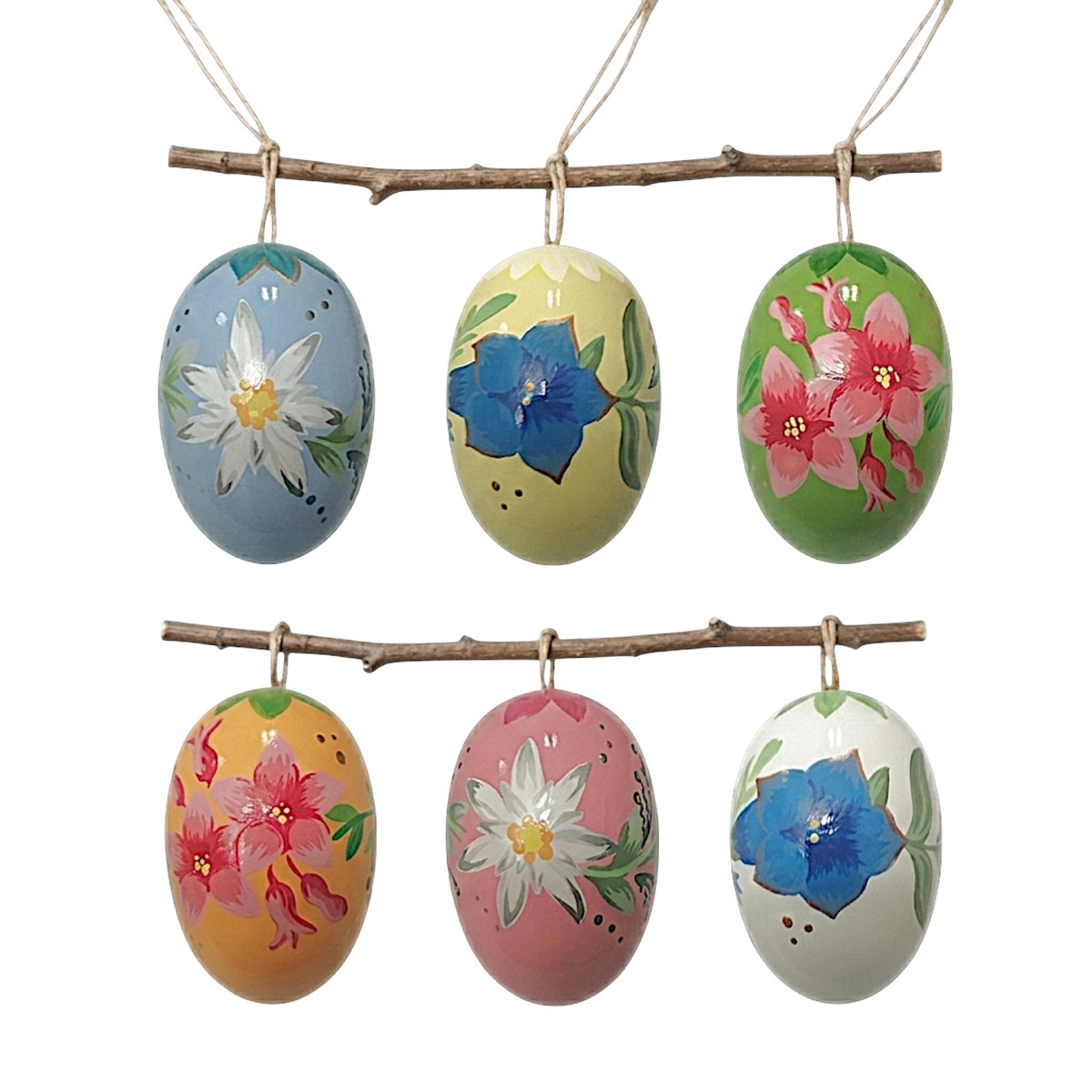 Easter egg decorations, 6-piece set: Edelweiss, Alpine rose and gentian