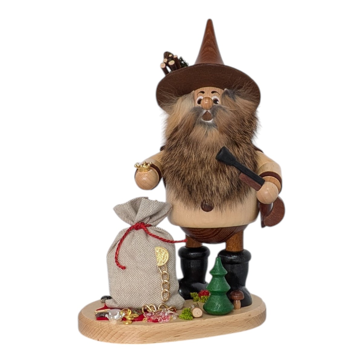 Incense burner figure of a robber gnome with a sack of gold
