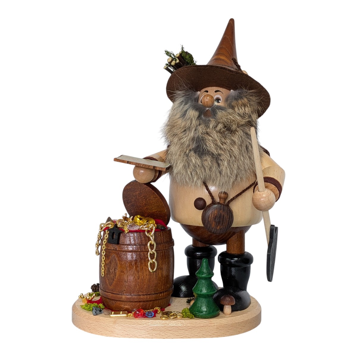 Incense burner figure of a robber gnome with a wooden barrel