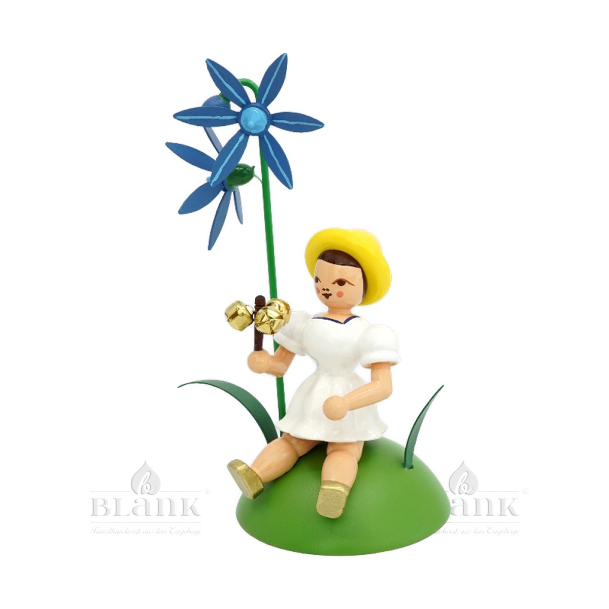 Blank flower child with blue star and bell staff, seated