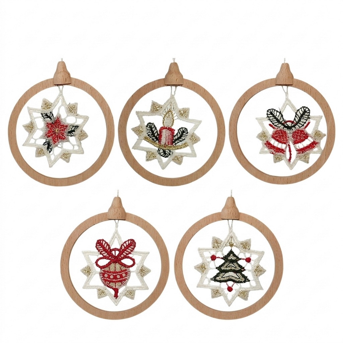 Christmas tree ornaments made of Plauen lace, 5-piece set.