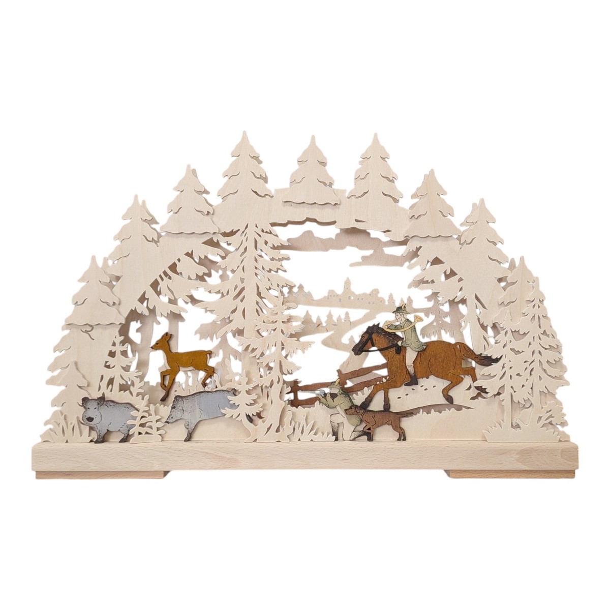 Small arched candle bridge with forest hunting scene