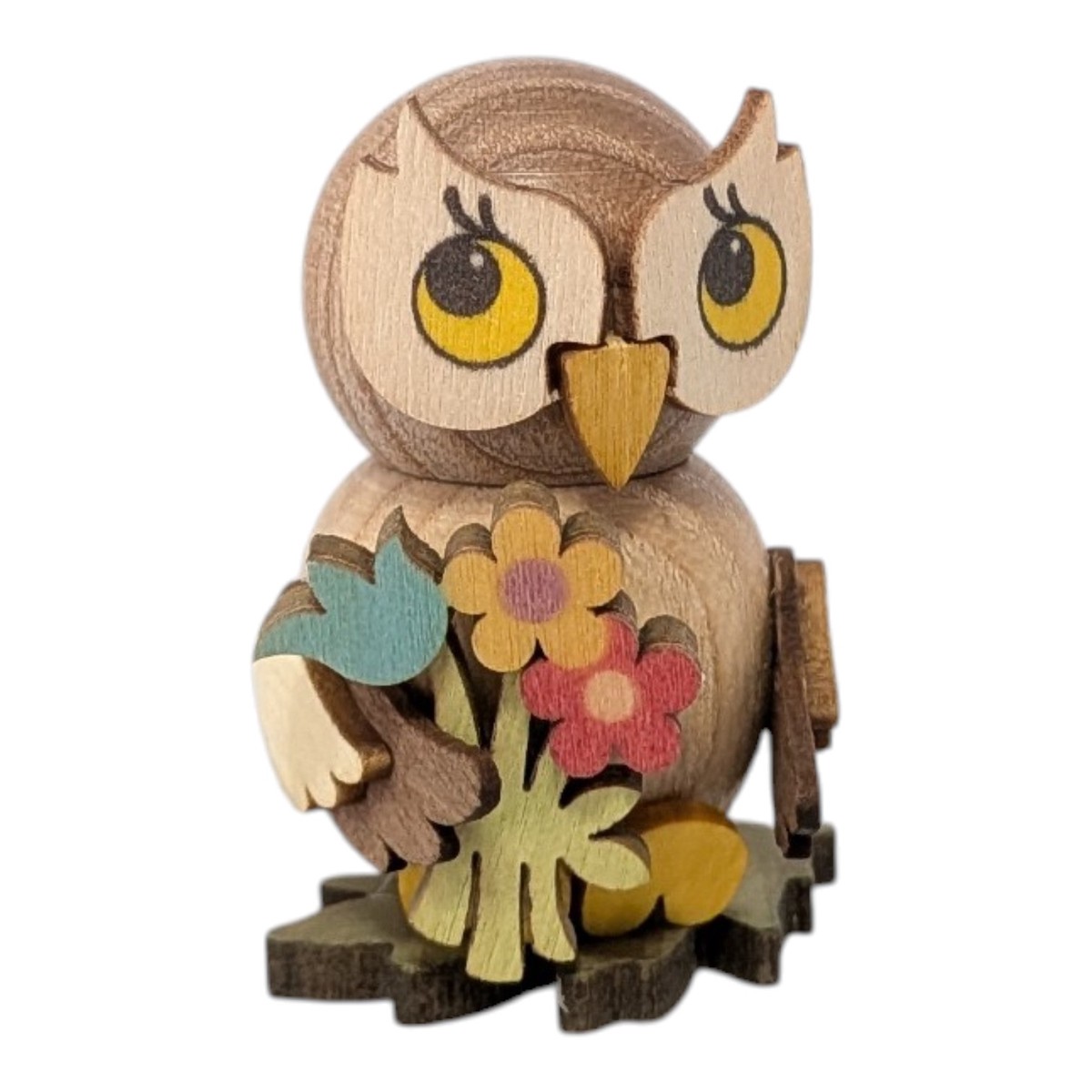 Owl child with a bouquet of flowers, freestanding