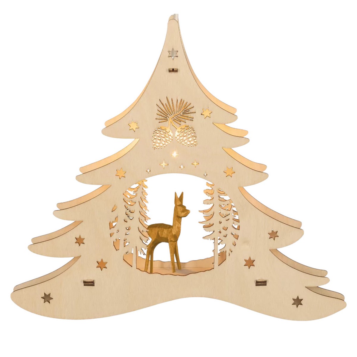Window picture carved deer in a Christmas tree, electric