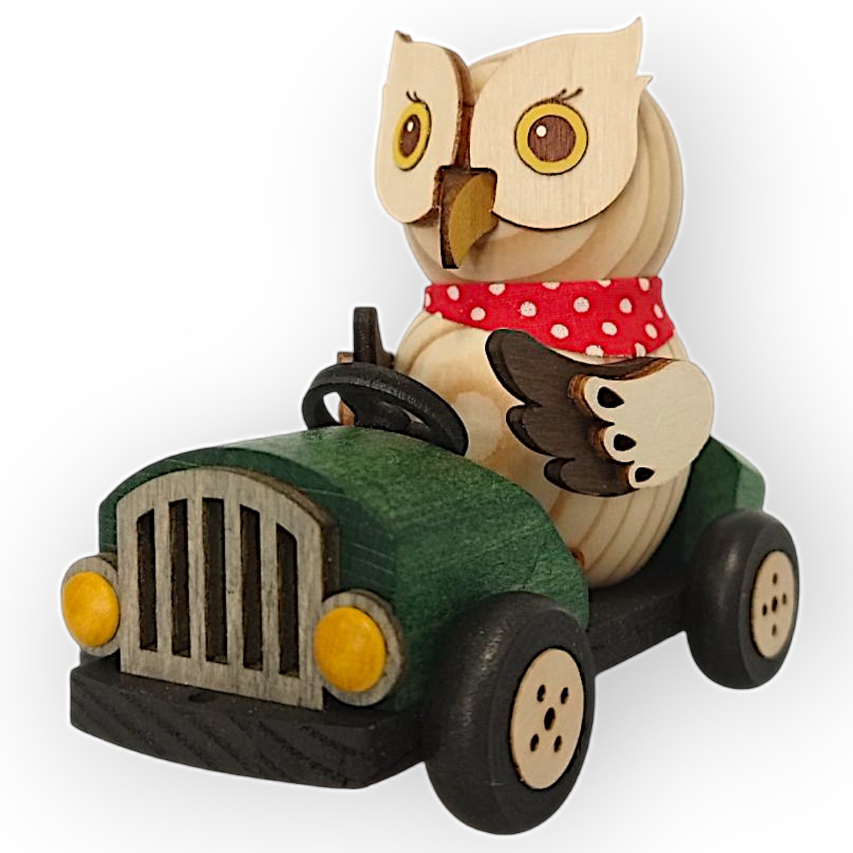 Wooden figure mini owl in a speedster, green