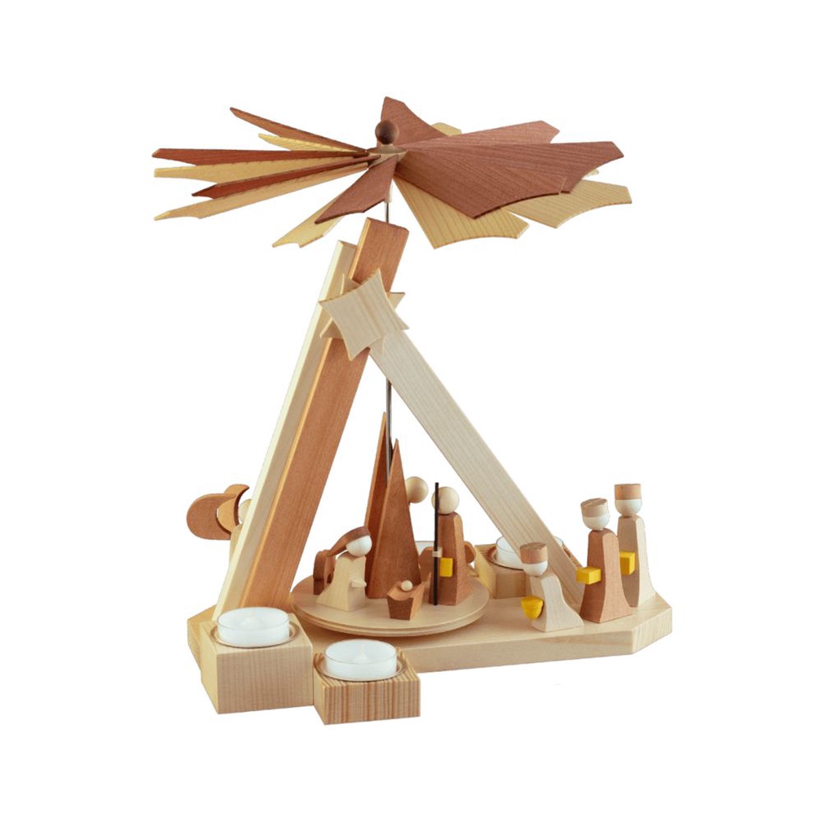 Modern tea light pyramid Christmas story, natural