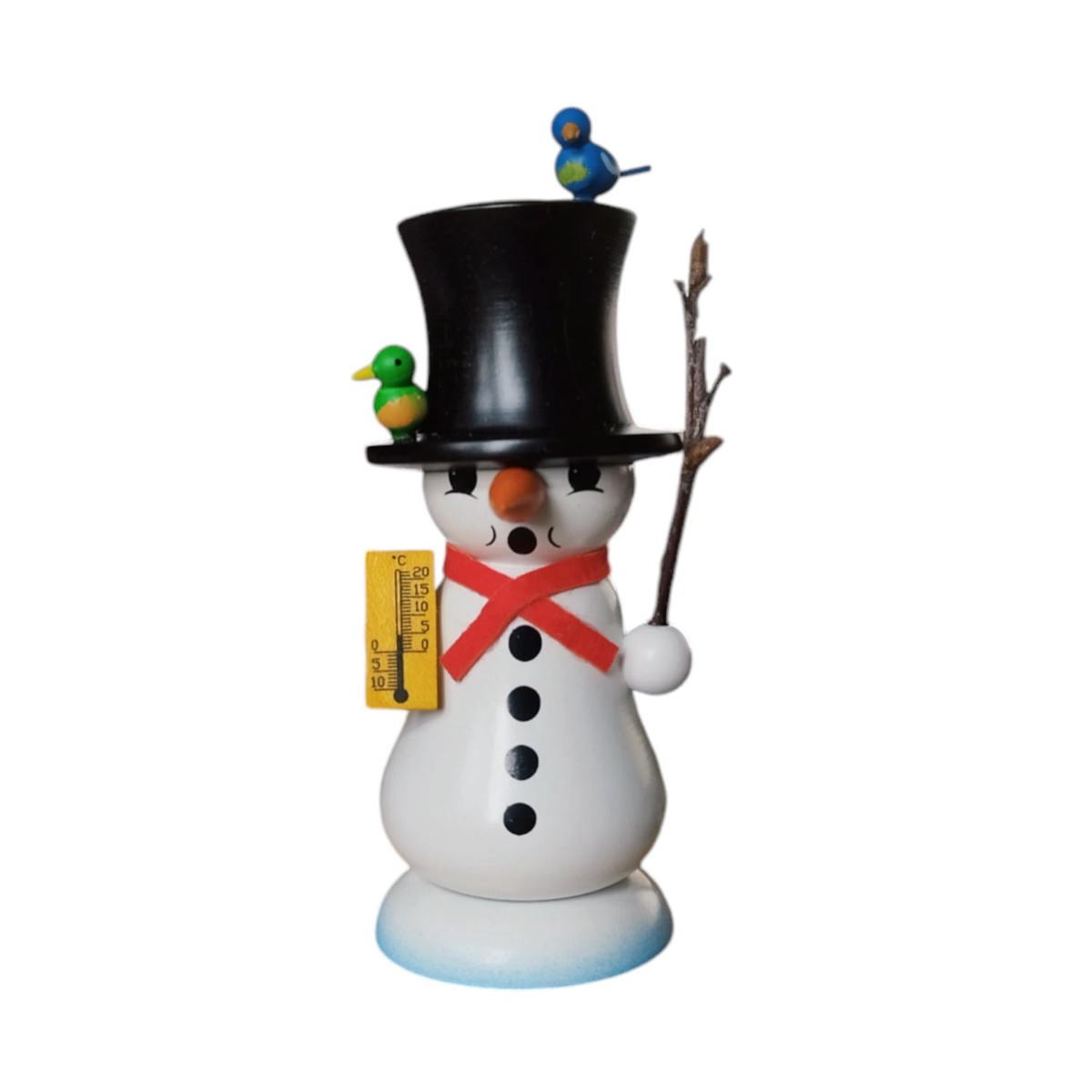 Miniature smoker snowman Schmelzi with bird